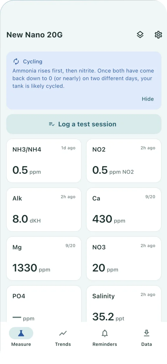 Cycling card explaining that ammonia rises first, then nitrite, above ammonia and nitrite readings at the front of the grid.