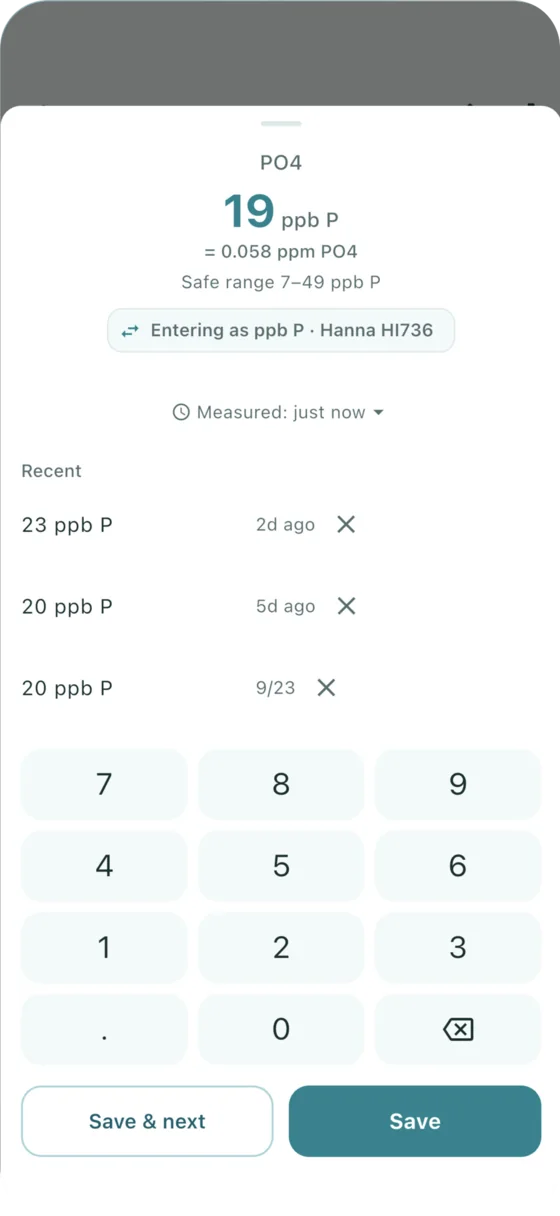 Phosphate entered as 19 ppb P from a Hanna HI736 kit, with the 0.058 ppm PO4 equivalent shown below.