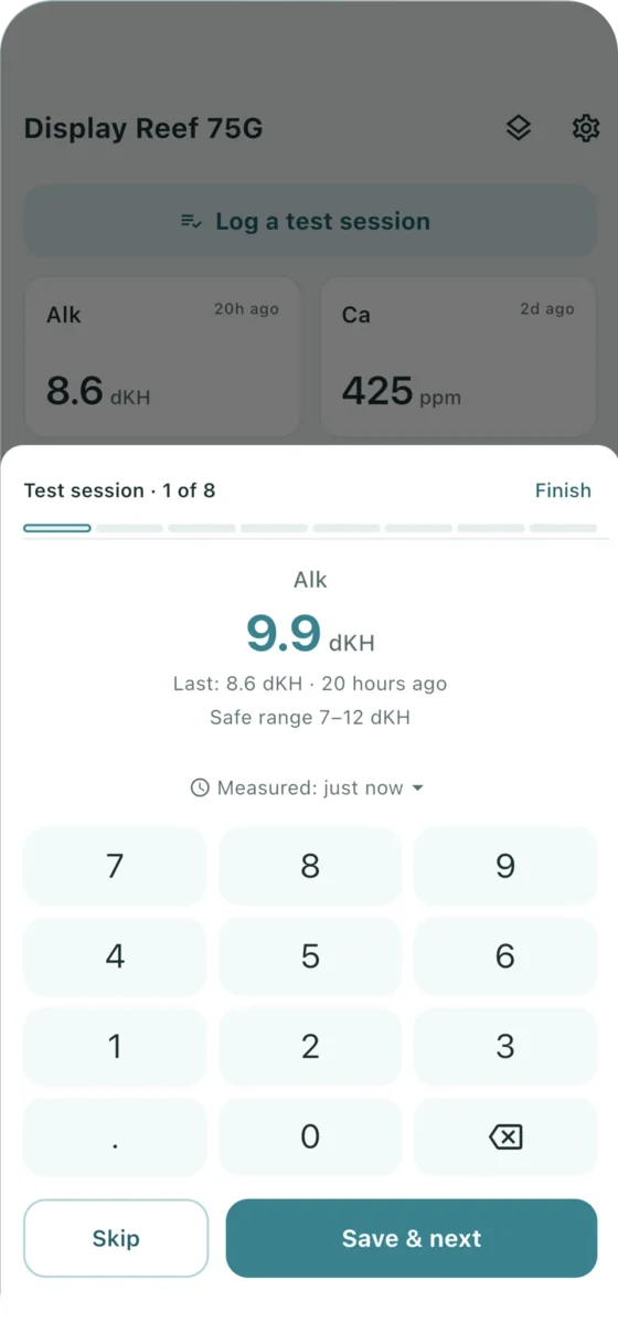 Test session step 1 of 8 for alkalinity, showing the last value, the safe range and a big number pad.
